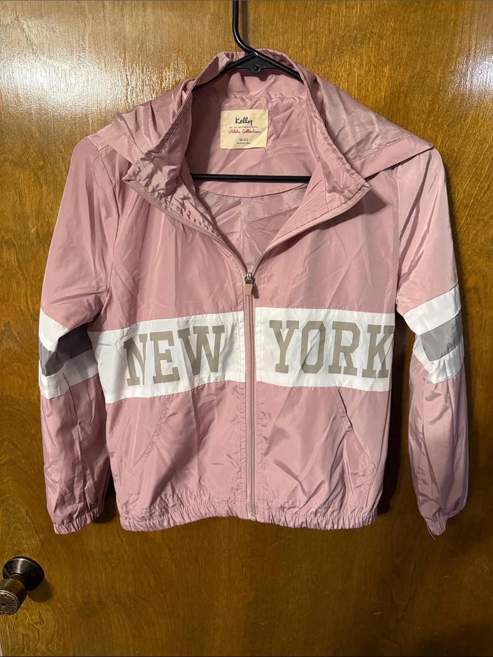 Kelly's Kids Dusty Pink Hooded Bomber Jacket with New York Graphic